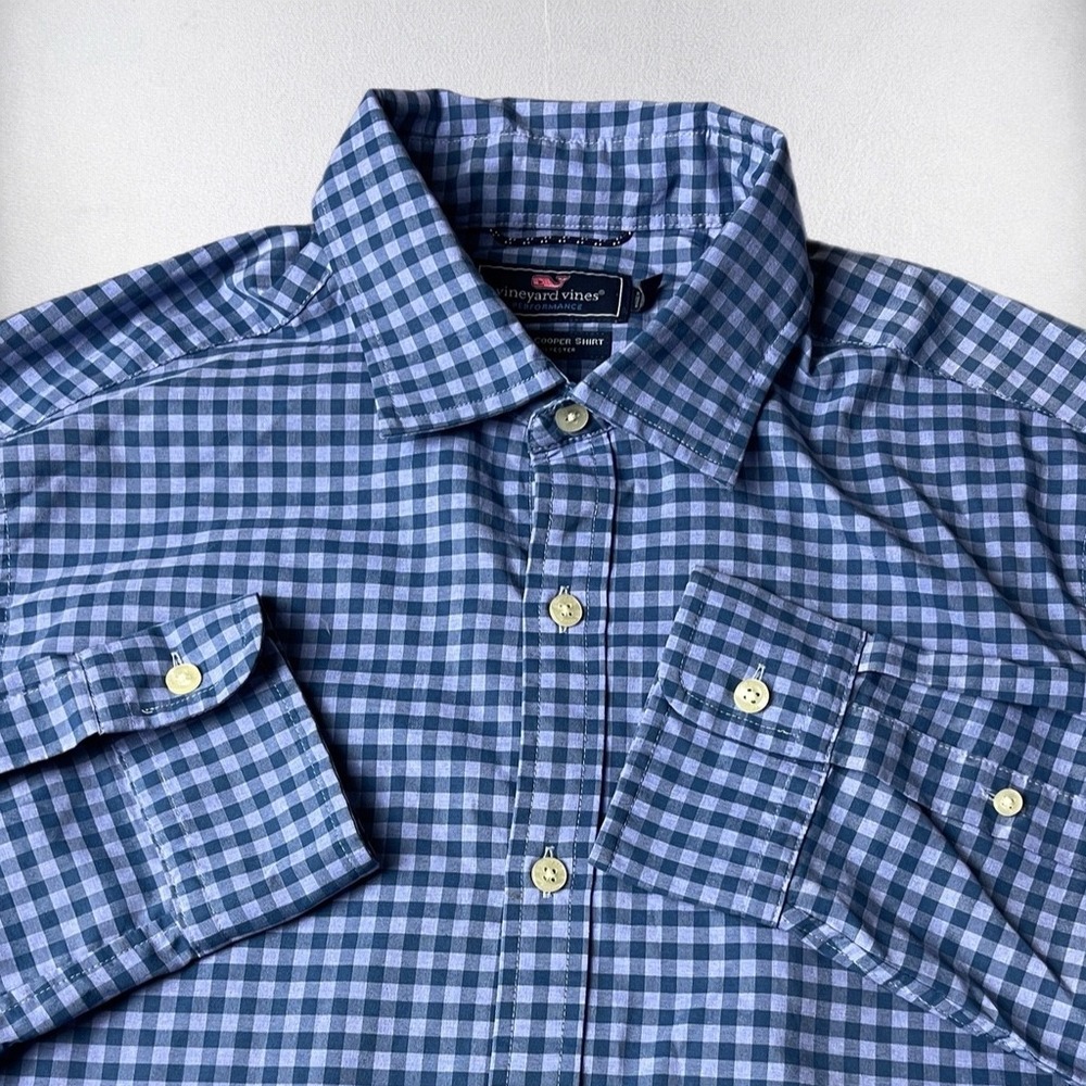 Vineyard Vines Performance Button Shirt Mens Medium Blue Gingham Slim Fit Cooper